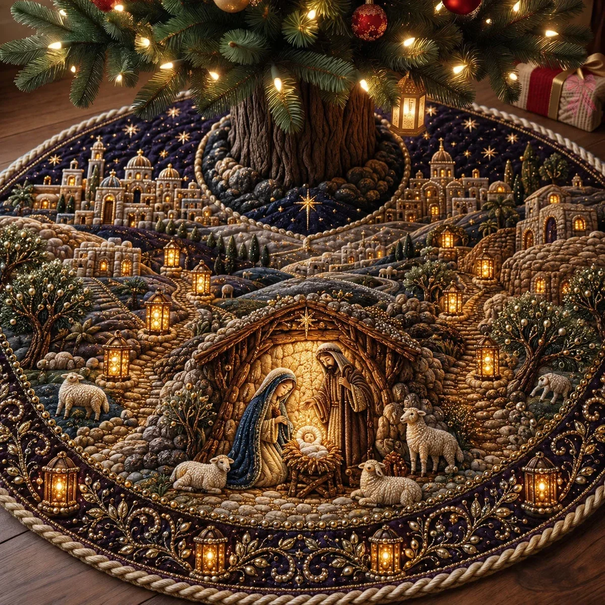 Christmas Lantern Nativity Quilted Tree Skirt Christmas Gift