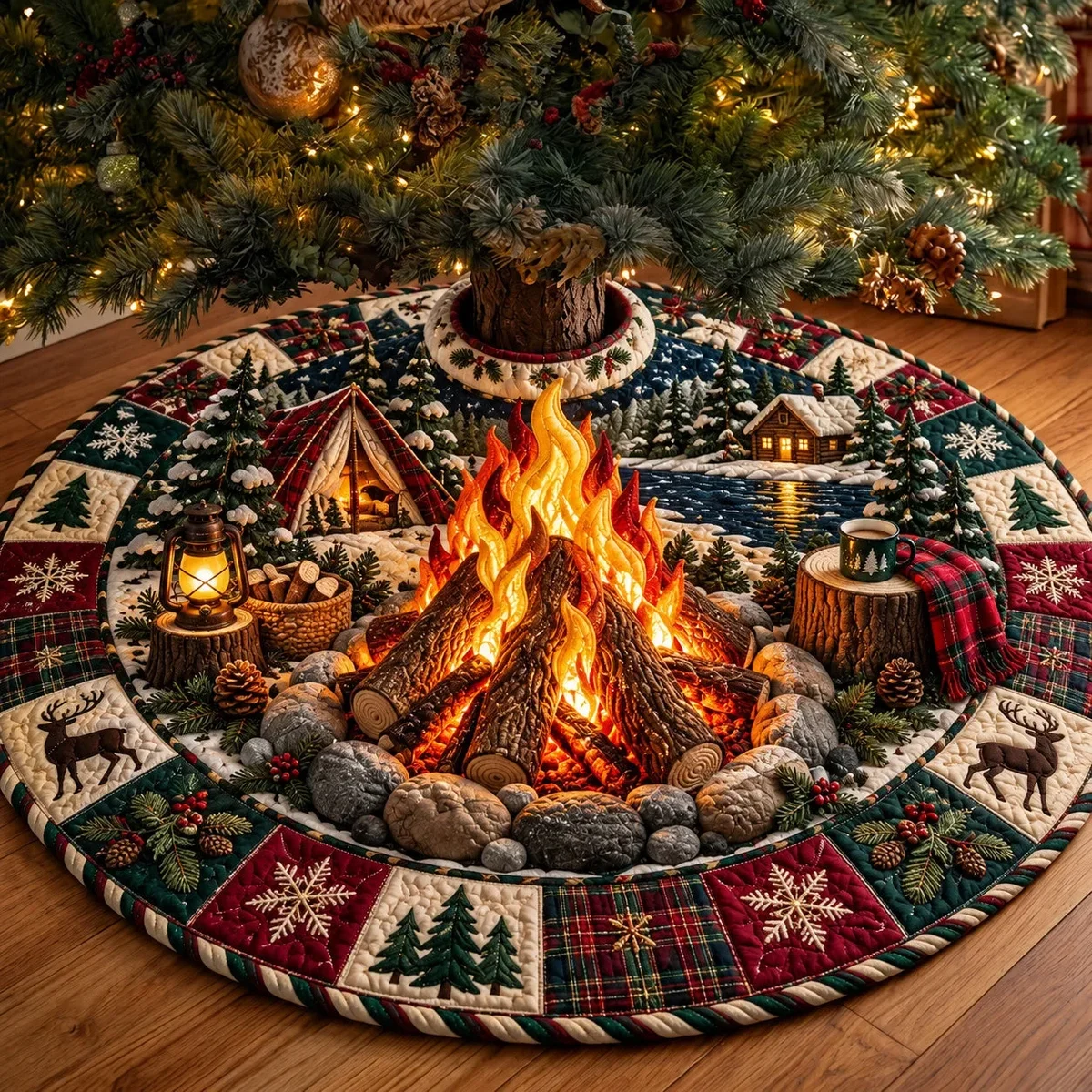 Forest Campfire Quilted Tree Skirt Christmas Gift