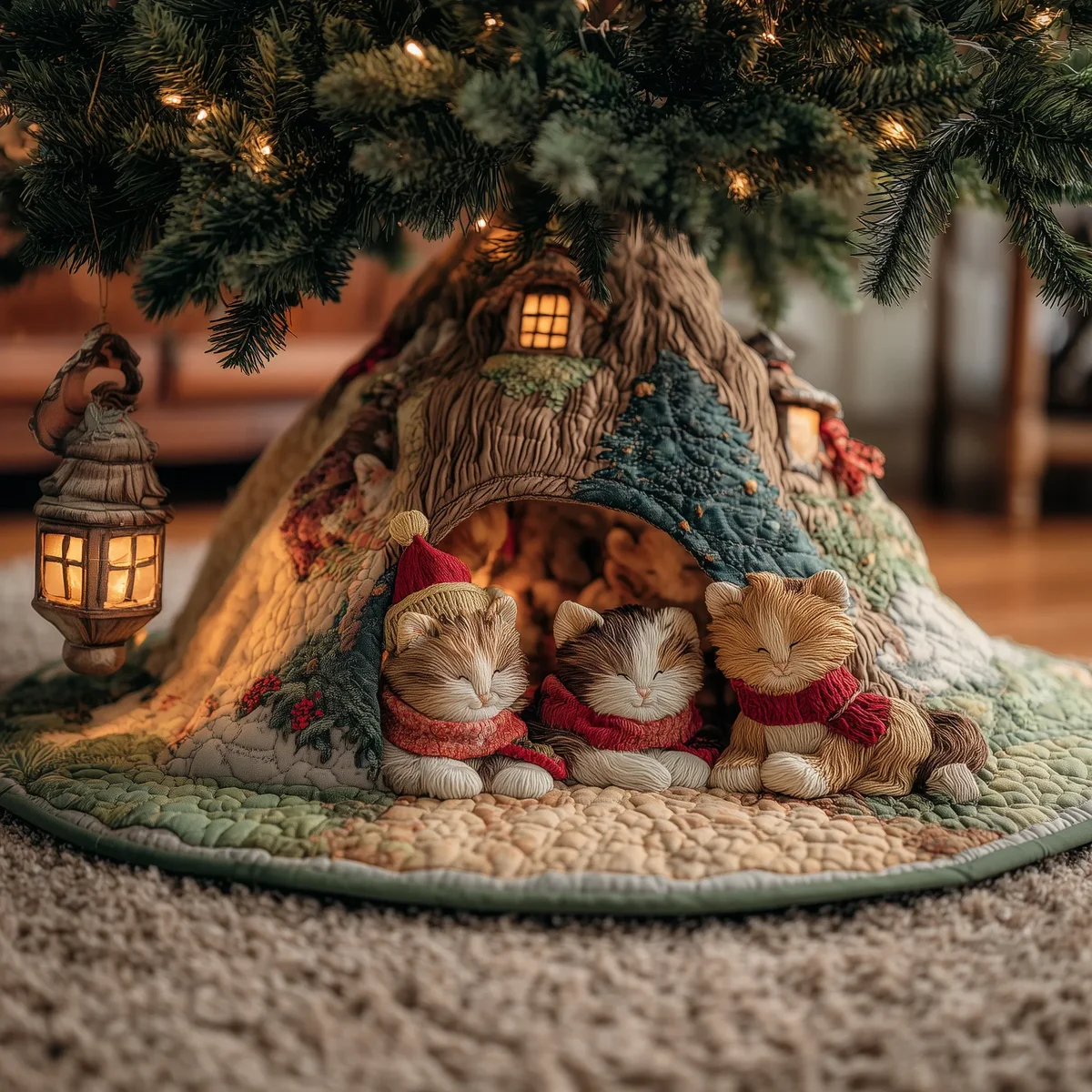 Cozy Kitty Cottage Quilted Tree Skirt Christmas Gift