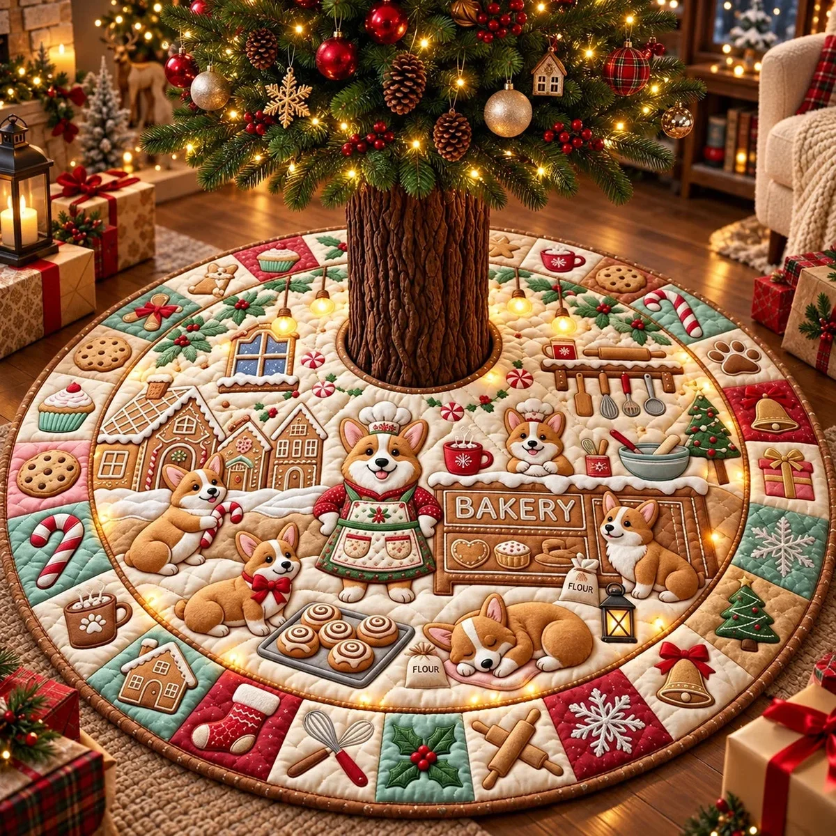 Corgi Gingerbread Bakery Quilted Tree Skirt Christmas Gift