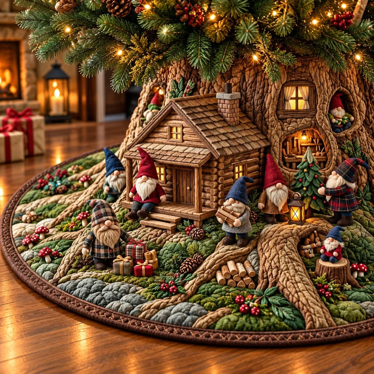 Cozy Gnome Cabin Quilted Tree Skirt Christmas Gift