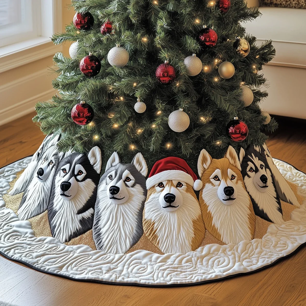 Festive Husky Quilted Tree Skirt Christmas Gift