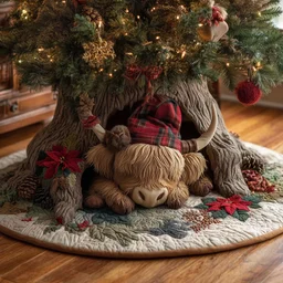 Holiday Highland Cow Quilted Tree Skirt Christmas Gift