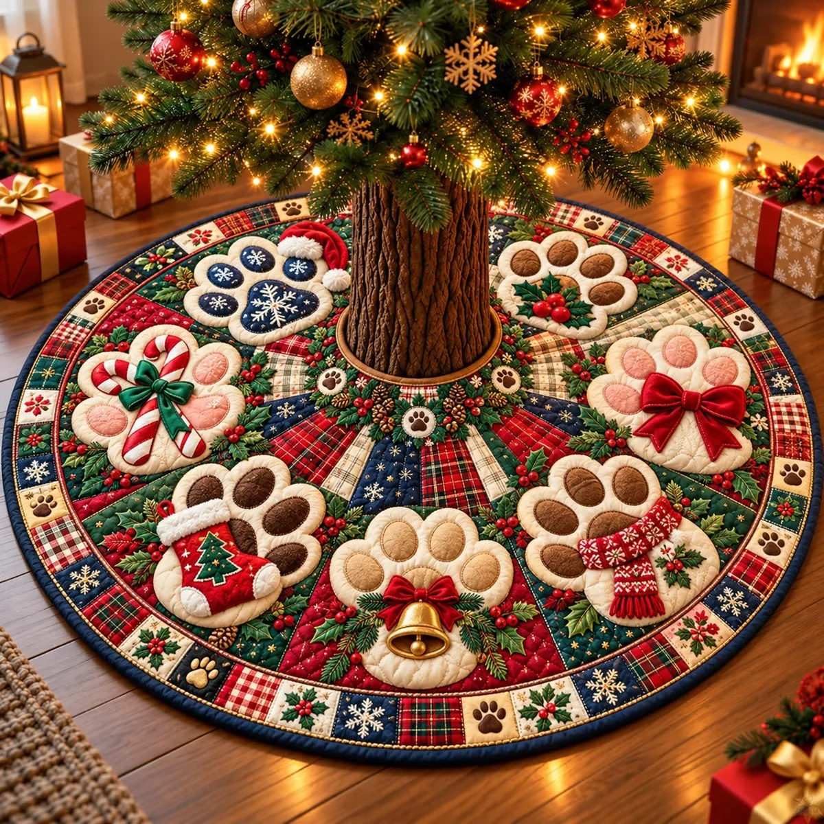 Christmas Paw Prints Quilted Tree Skirt Christmas Gift
