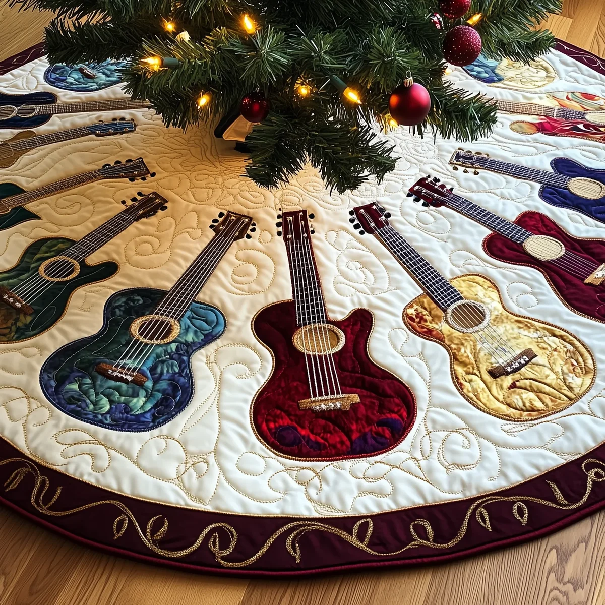 Festive Acoustic Guitars Quilted Tree Skirt Christmas Gift