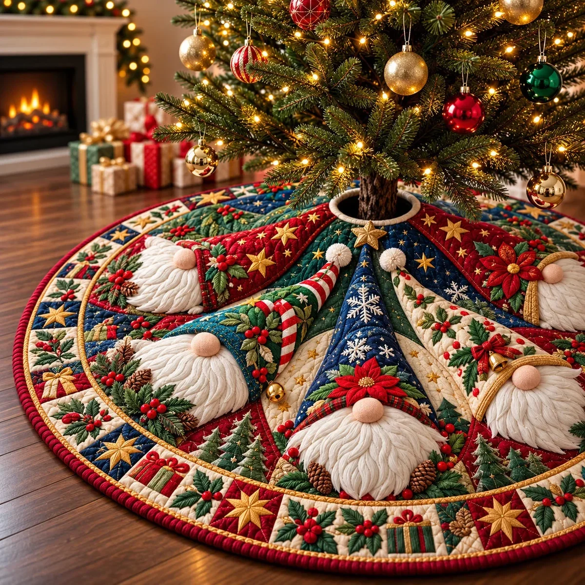 Gnomes Cozy Cottage Quilted Tree Skirt Christmas Gift