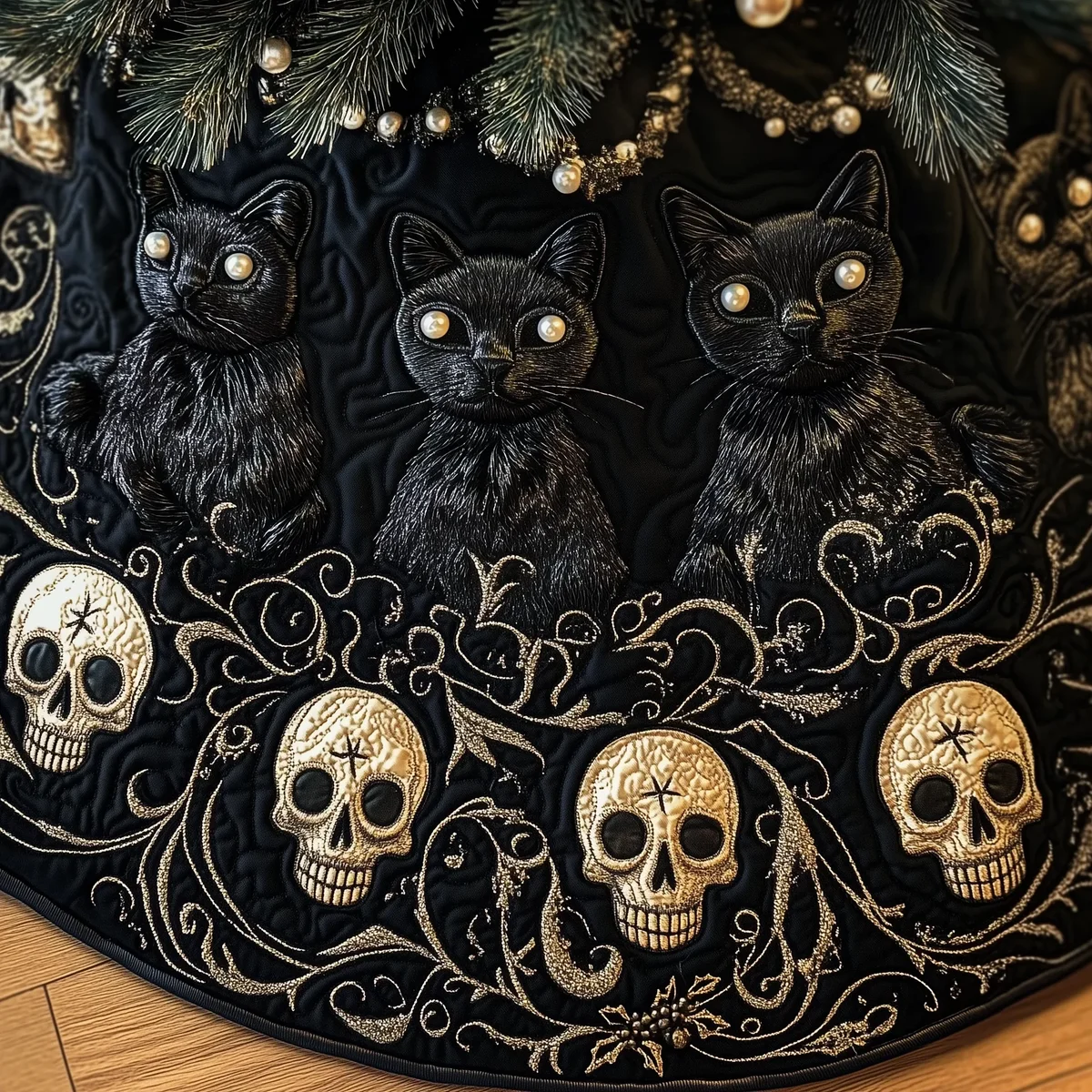 Christmas Skull And Black Cat Quilted Tree Skirt Christmas Gift