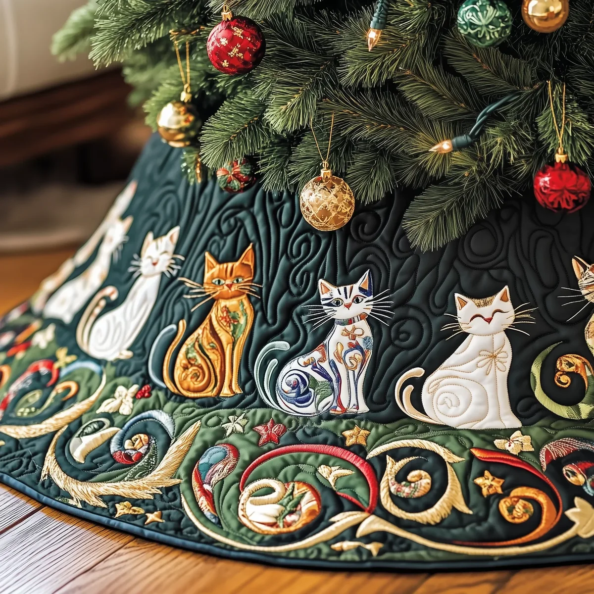 Festive Folk Art Cat Quilted Tree Skirt Christmas Gift