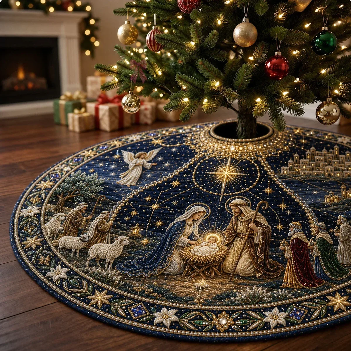 Holy Night Nativity Quilted Tree Skirt Christmas Gift