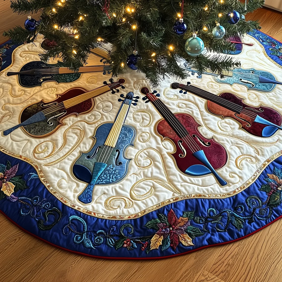Festive Blue Violins Quilted Tree Skirt Christmas Gift