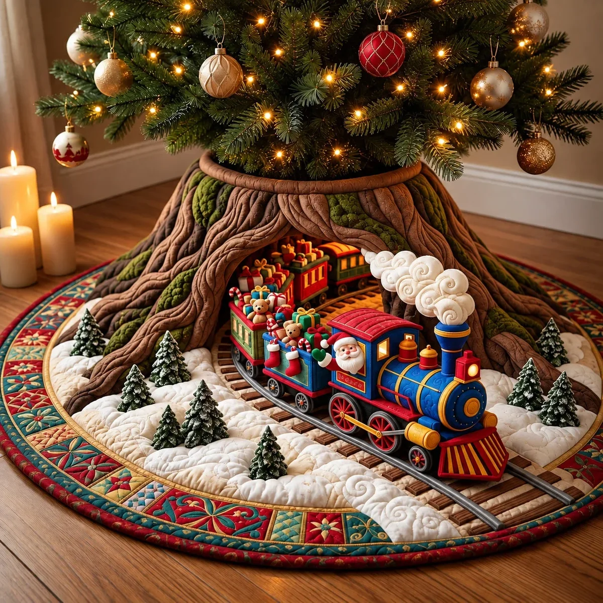 Christmas Train Tunnel Quilted Tree Skirt Christmas Gift