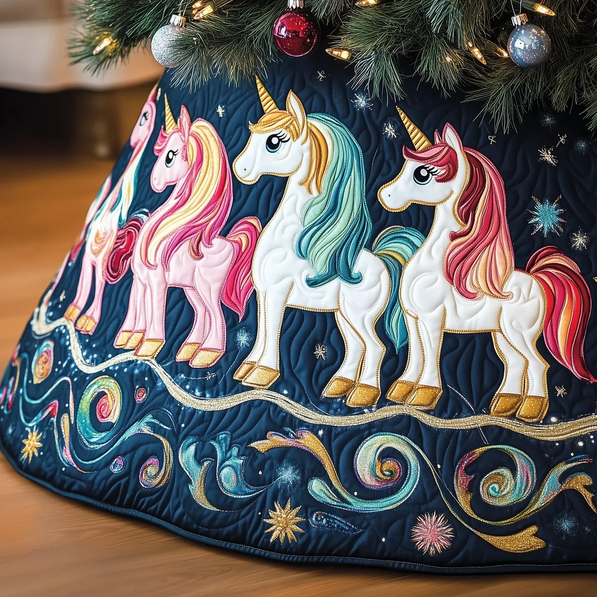 Christmas Joyful Unicorn Quilted Tree Skirt Christmas Gift