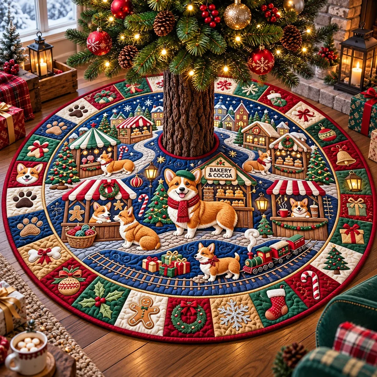 Corgi Christmas Market Quilted Tree Skirt Christmas Gift