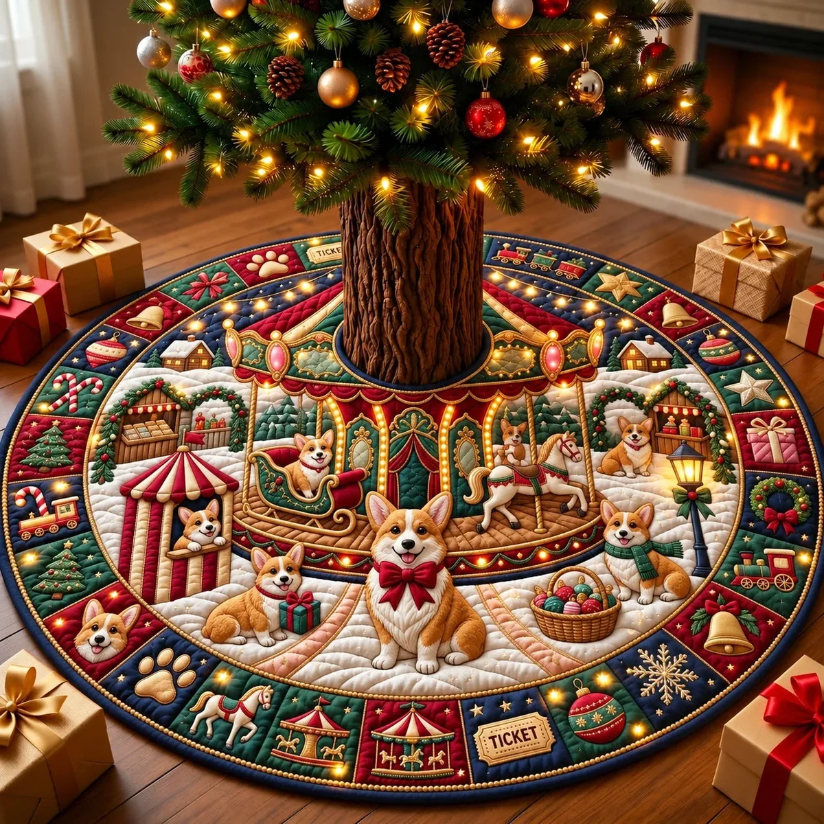 Corgi Christmas Carousel Quilted Tree Skirt Christmas Gift