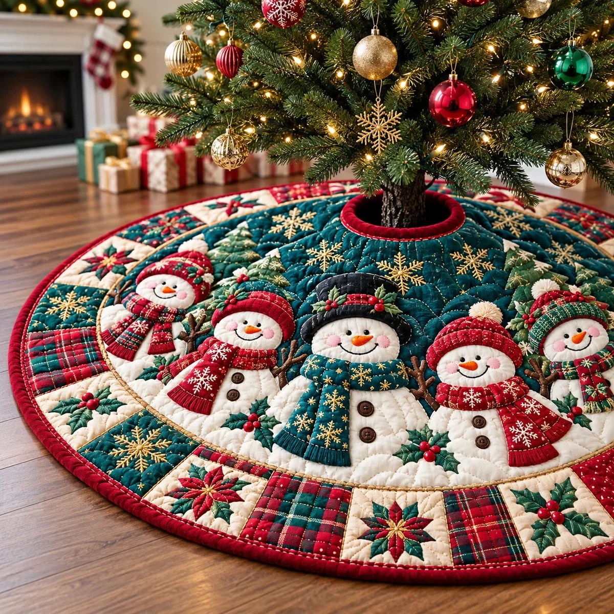 Snowman Crystal Village Quilted Tree Skirt Christmas Gift