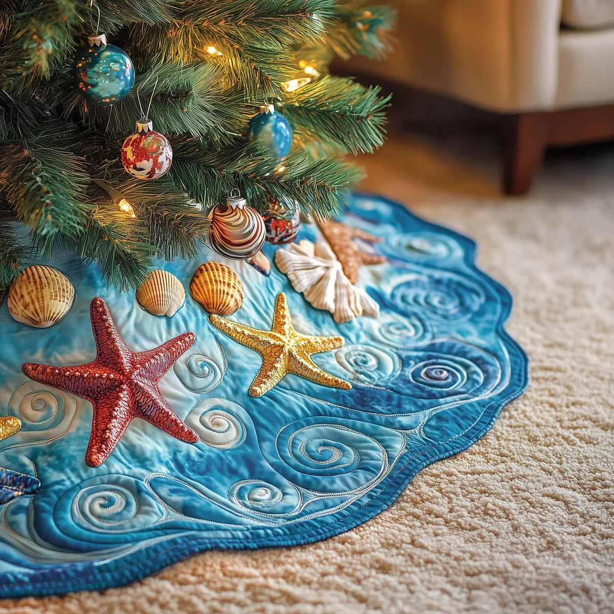 Tropical Seashell Symphony Quilted Tree Skirt Christmas Gift