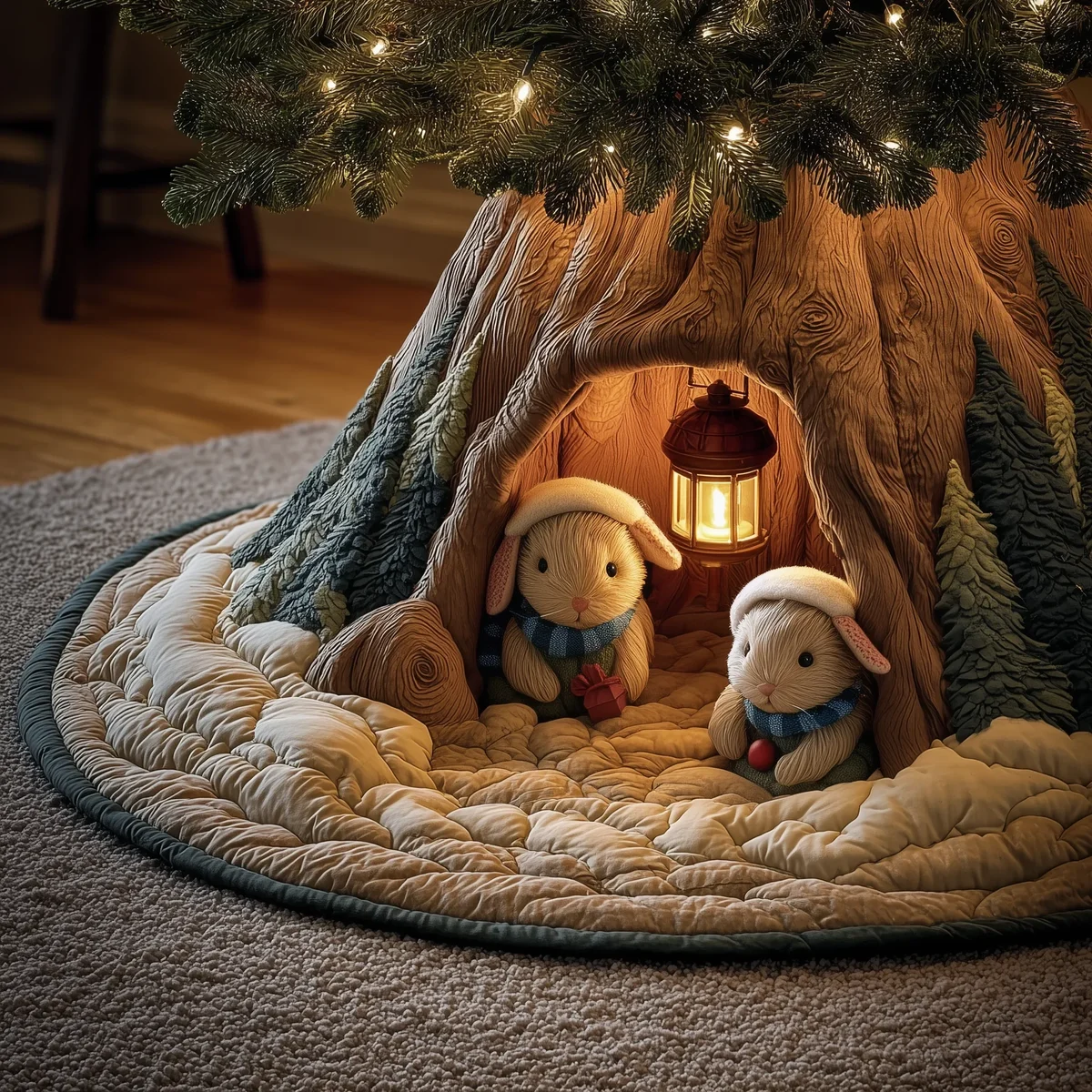 Snowy Burrow Quilted Tree Skirt Christmas Gift
