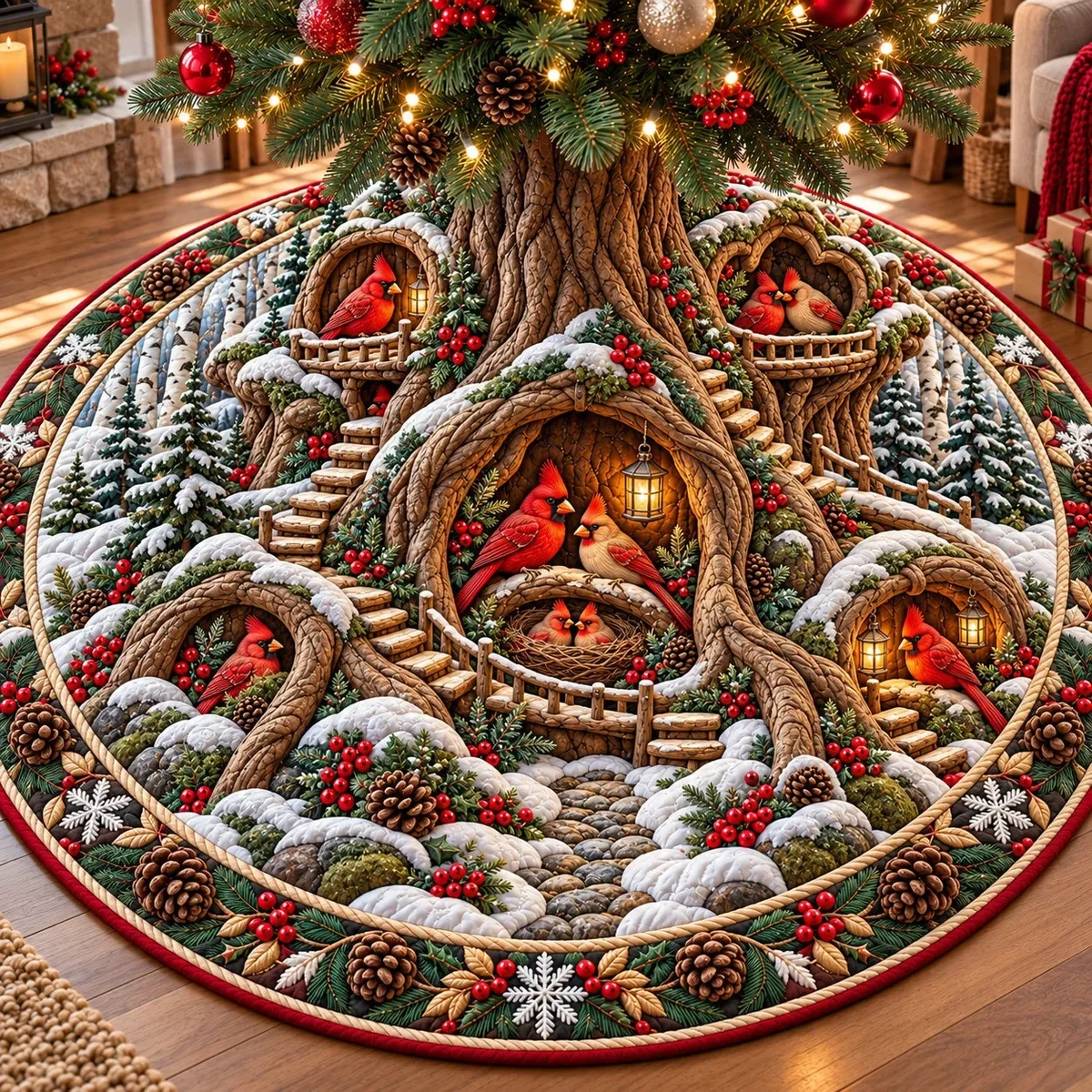 Winter Cardinal Nest Quilted Tree Skirt Christmas Gift