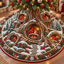 Winter Cardinal Nest Quilted Tree Skirt Christmas Gift