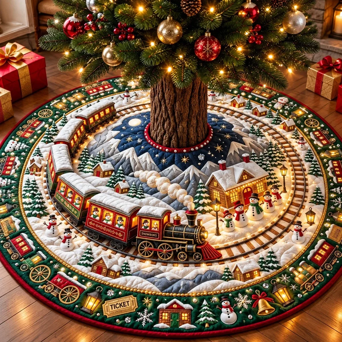 Snowman Train Journey Quilted Tree Skirt Christmas Gift