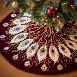 Shimmering Peacock Quilted Tree Skirt Christmas Gift