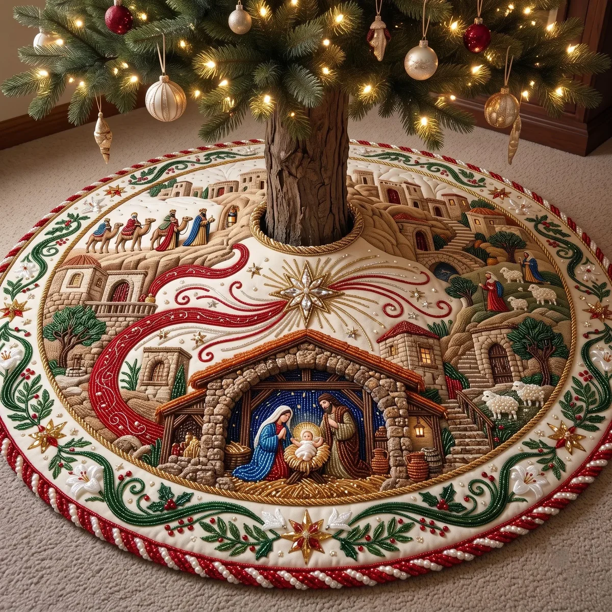 Sacred Nativity Quilted Tree Skirt Christmas Gift