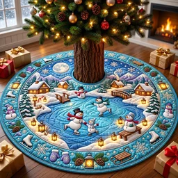 Snowman Skating Lake Quilted Tree Skirt Christmas Gift
