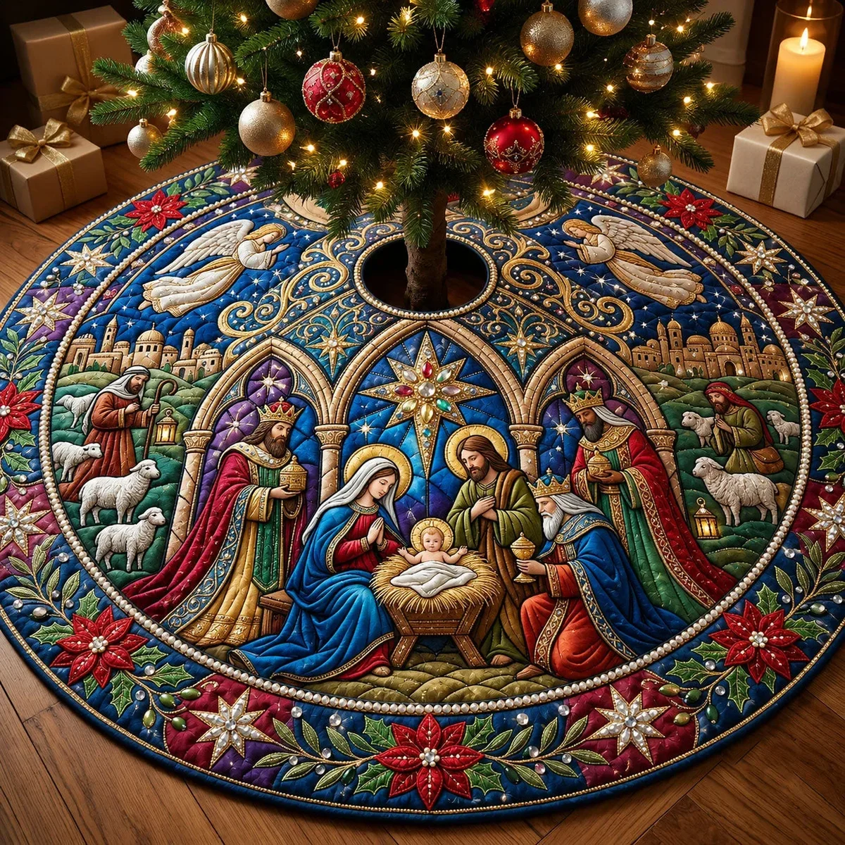 Jeweled Nativity Quilted Tree Skirt Christmas Gift
