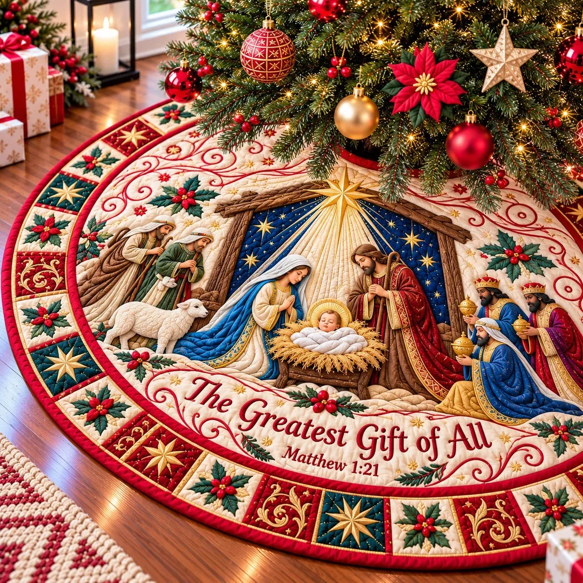 Nativity Manger Grace Quilted Tree Skirt Christmas Gift