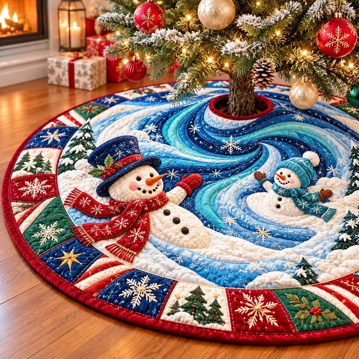 Snowman Snowy Adventure Quilted Tree Skirt Christmas Gift