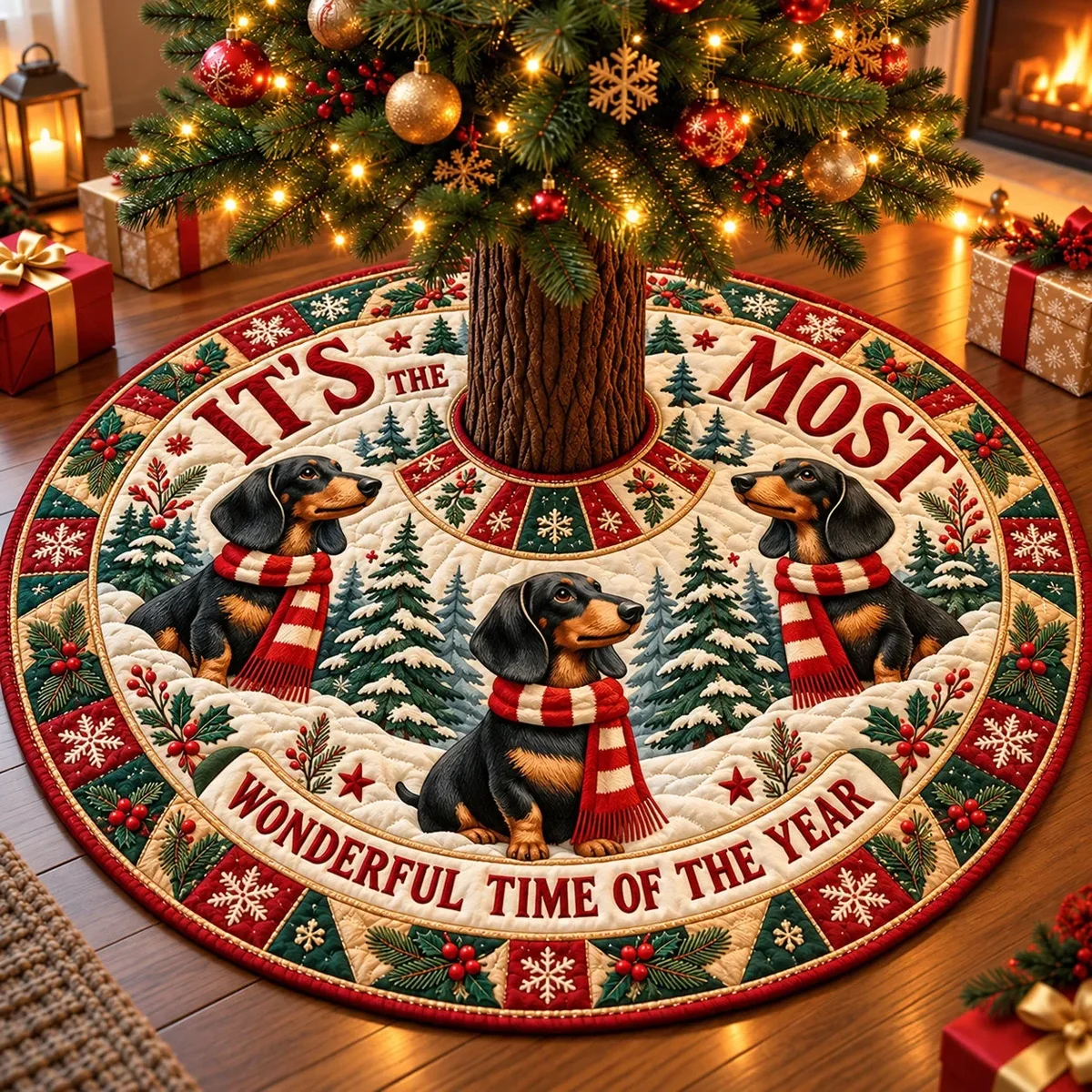 Most Wonderful Dachshund Christmas Quilted Tree Skirt Christmas Gift