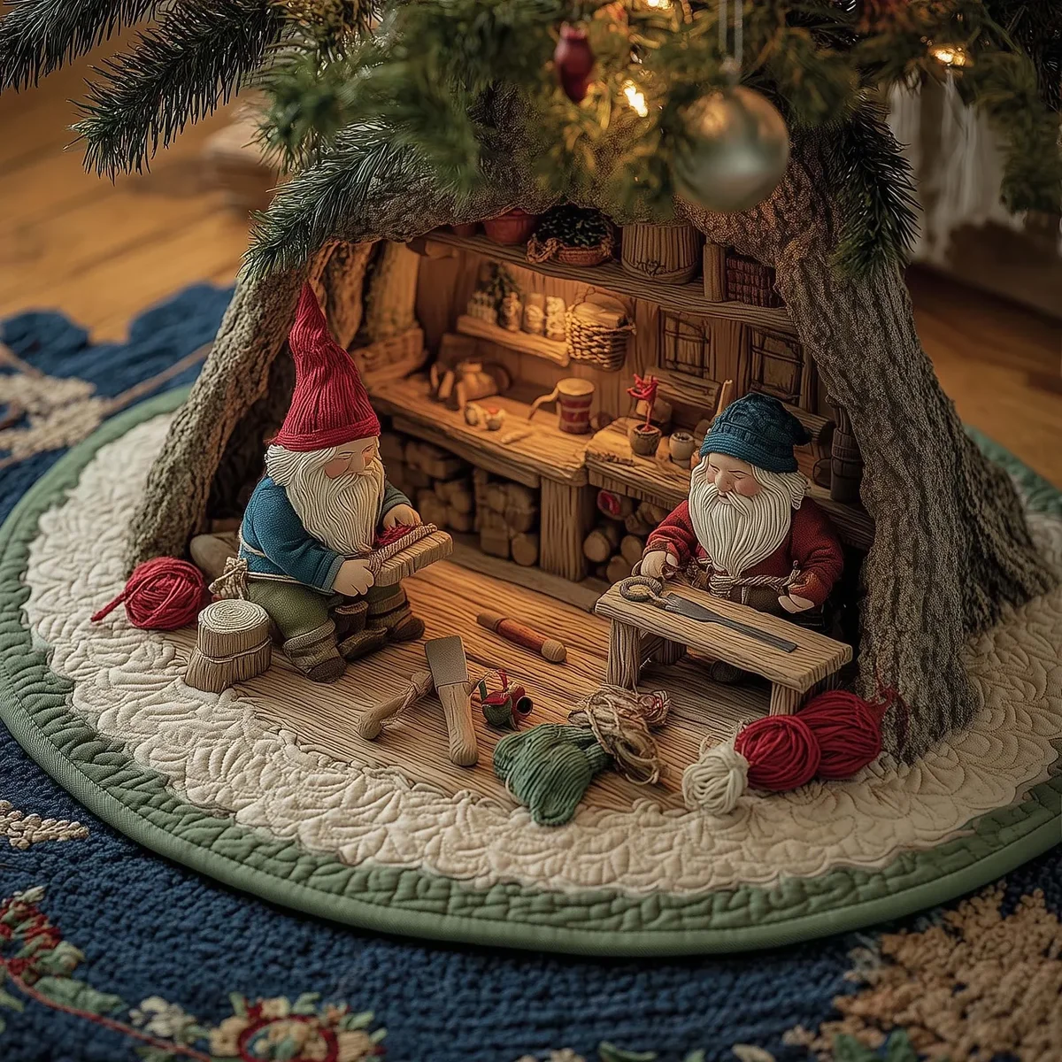 Workshop Gnomes Quilted Tree Skirt Christmas Gift