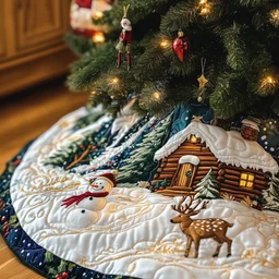 Vintage Snowy Cabin Quilted Tree Skirt Christmas Gift