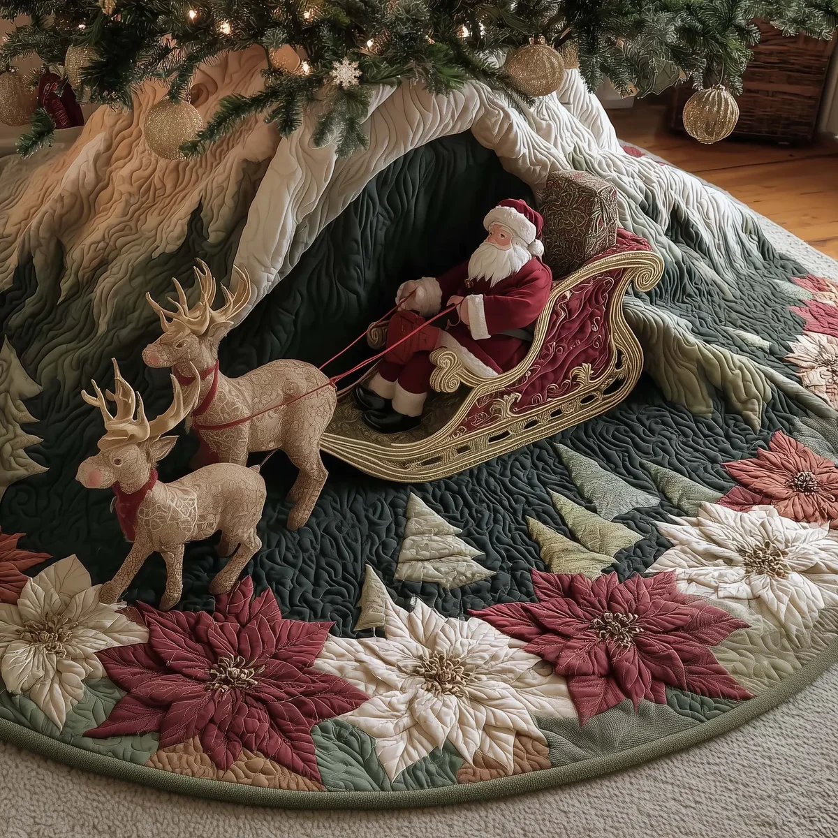 Santa Sleigh Quilted Tree Skirt Christmas Gift