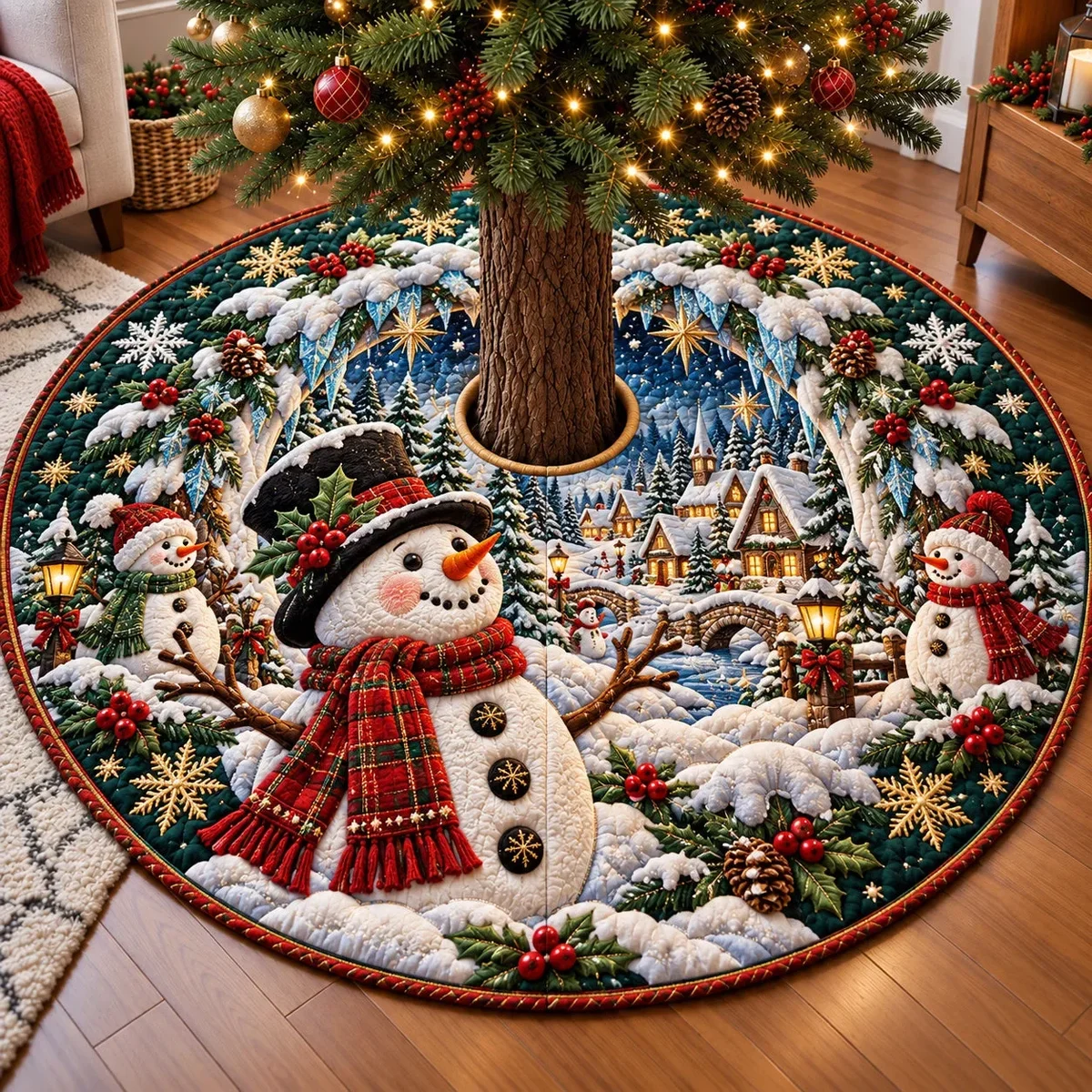 Snowman Winter Wonderland Quilted Tree Skirt Christmas Gift