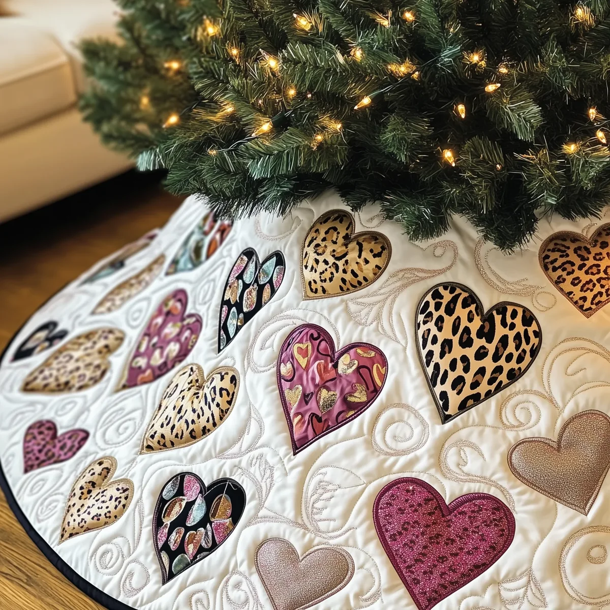 Leopard Hearts Quilted Tree Skirt Christmas Gift