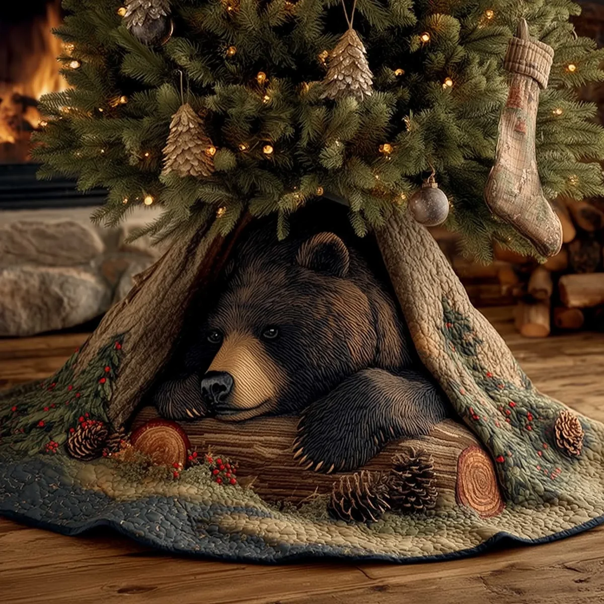 Wilderness Bear Quilted Tree Skirt Christmas Gift