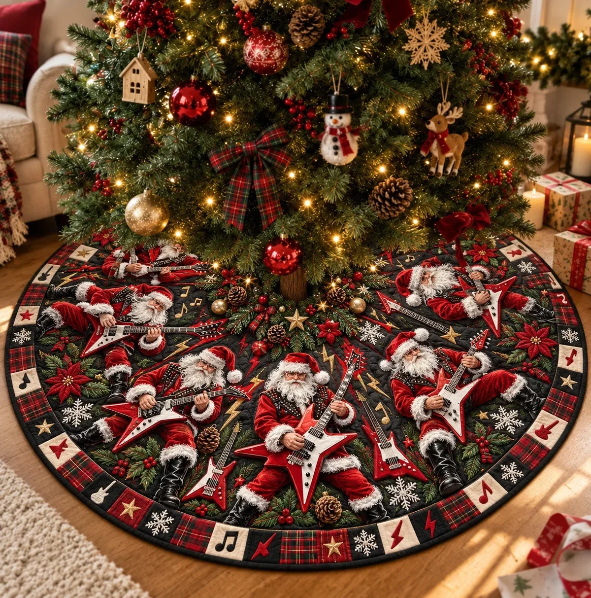 Santa Rock Christmas Quilted Tree Skirt Christmas Gift
