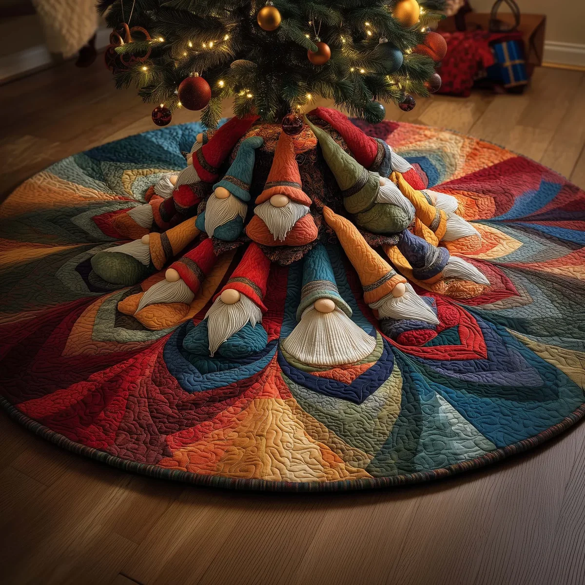 Spiral Gnomes Quilted Tree Skirt Christmas Gift