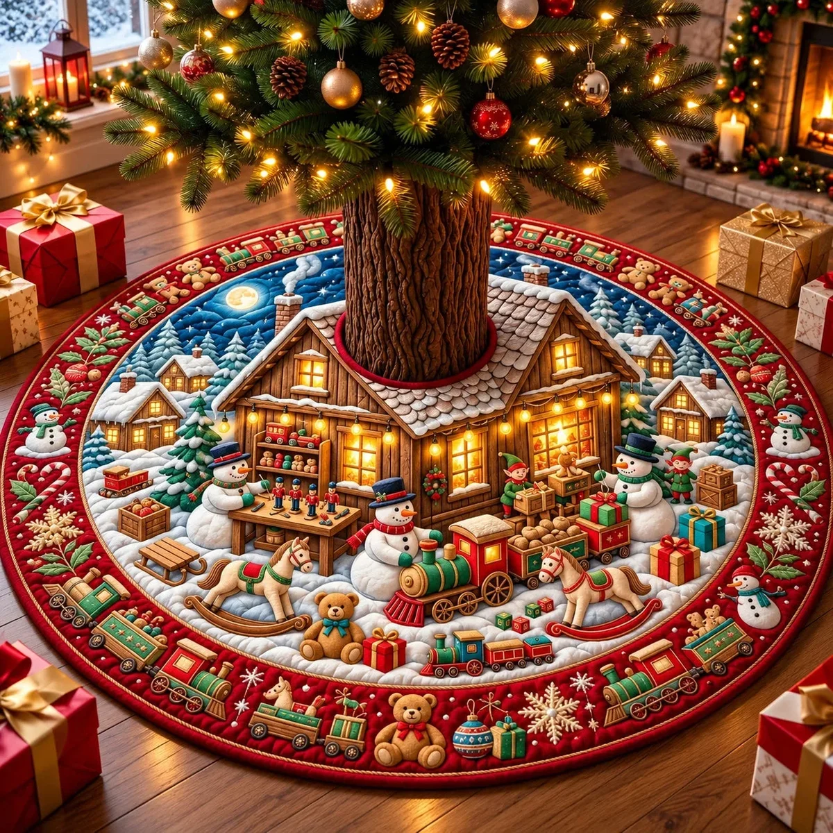 Snowman Toy Workshop Quilted Tree Skirt Christmas Gift
