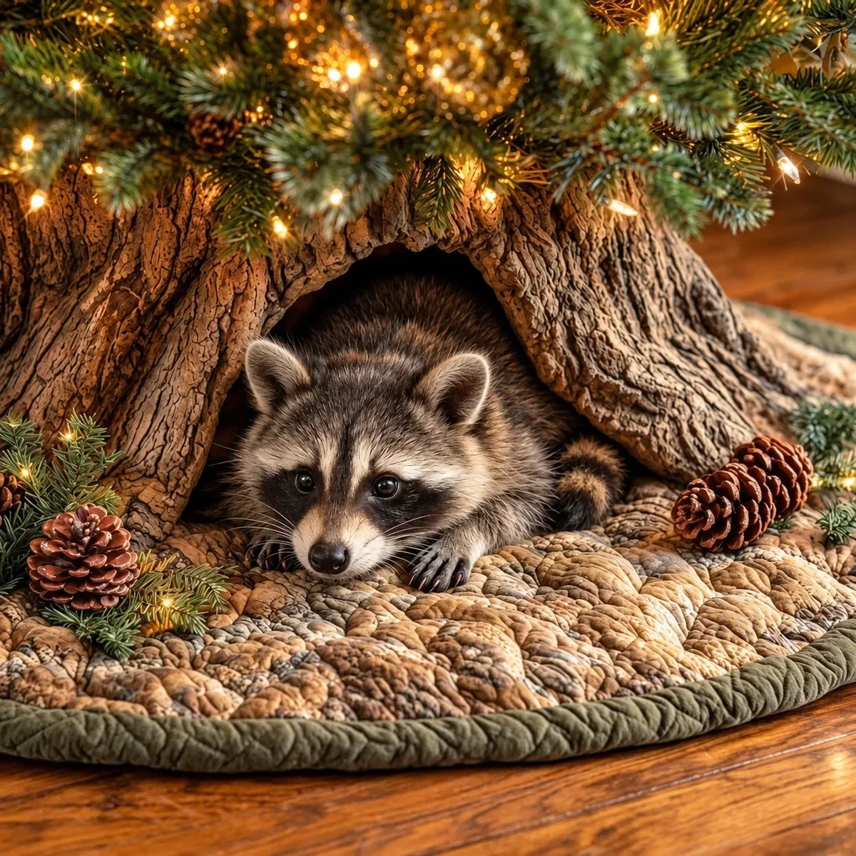 Raccoon Den Quilted Tree Skirt Christmas Gift