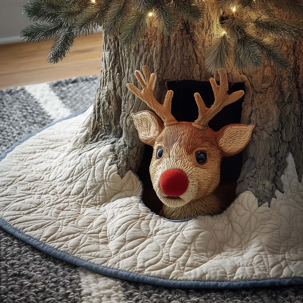 Textured Rudolph Quilted Tree Skirt Christmas Gift
