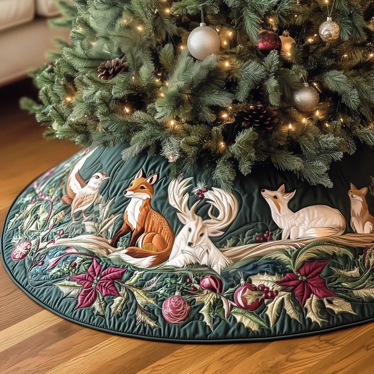 Woodland Animals Quilted Tree Skirt Christmas Gift