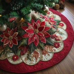 Poinsettia Blossom Quilted Tree Skirt Christmas Gift