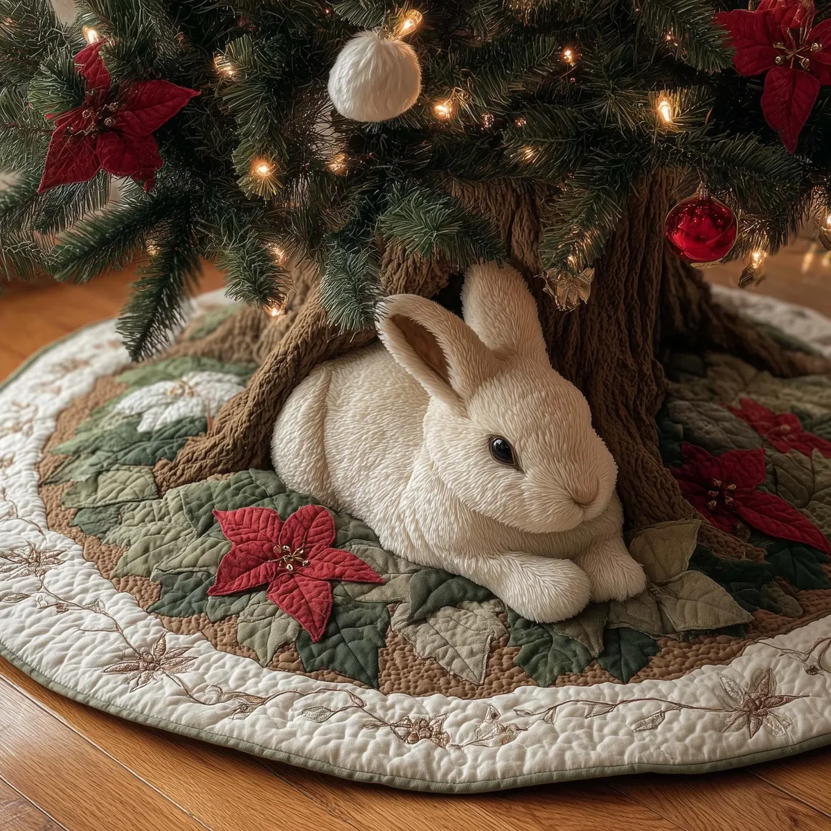 Winter Bunny Nest Quilted Tree Skirt Christmas Gift