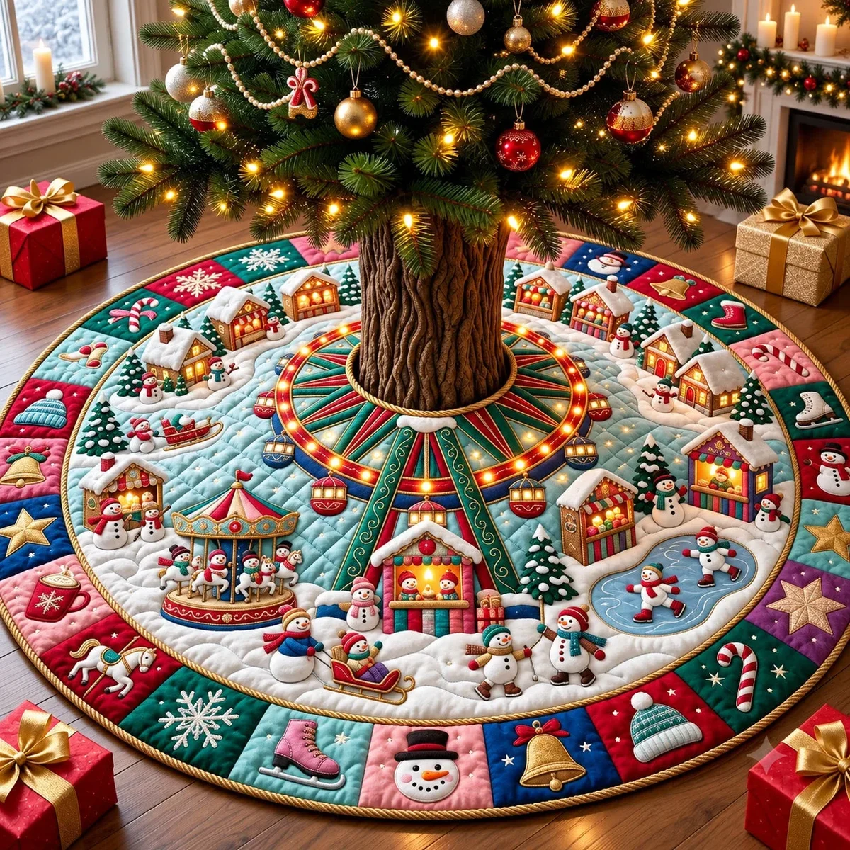 Snowman Carnival Quilted Tree Skirt Christmas Gift