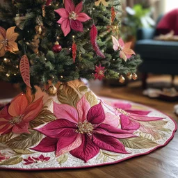 Poinsettia Bliss Quilted Tree Skirt Christmas Gift