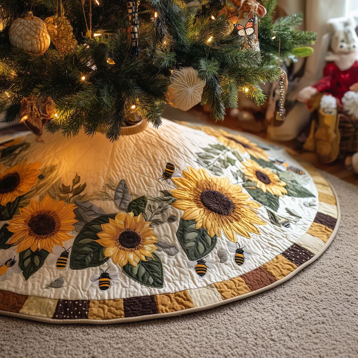 Sunflower Quilted Tree Skirt Christmas Gift