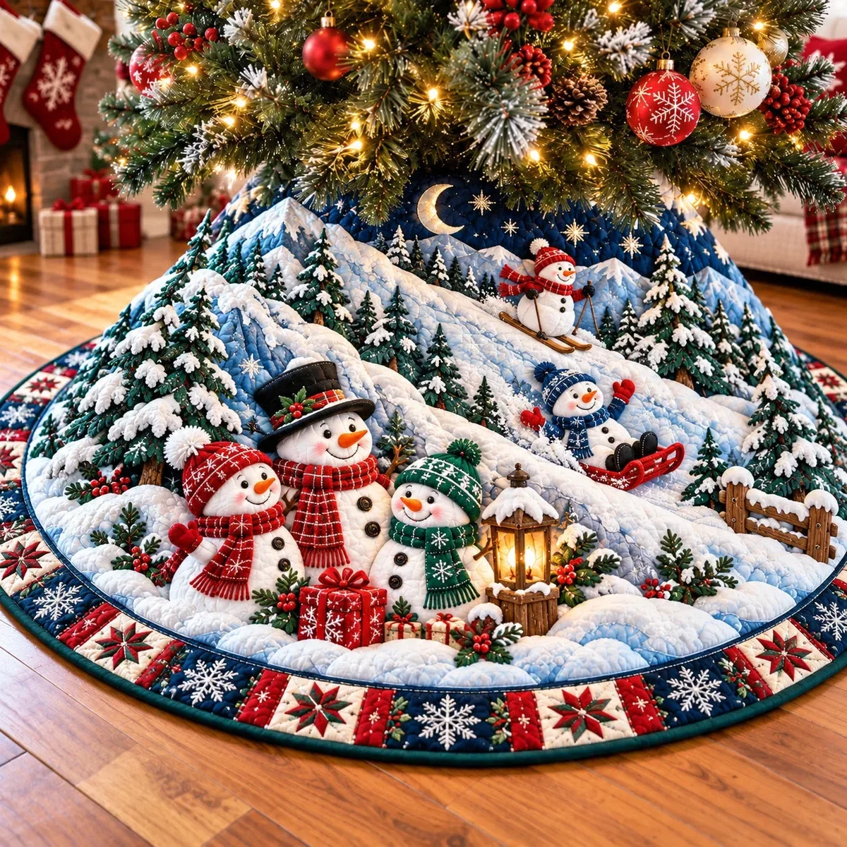 Snowman Mountain Adventure Quilted Tree Skirt Christmas Gift