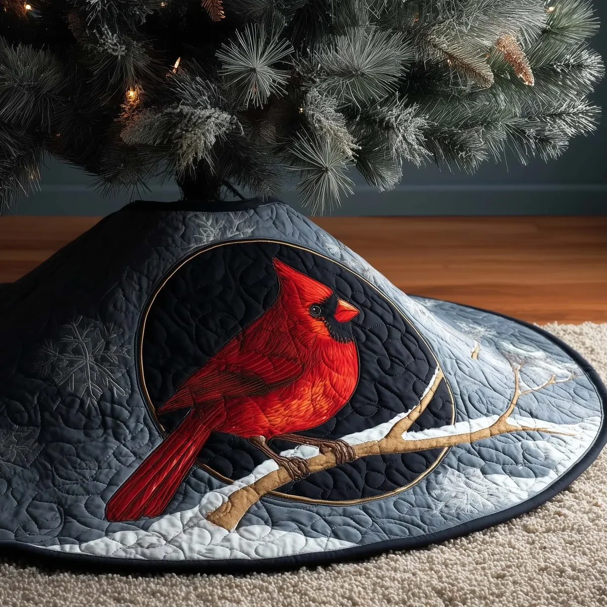 Midnight Cardinal Quilted Tree Skirt Christmas Gift